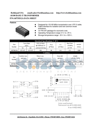 16PT8512A datasheet - 10/100 BASE-T TRANSFORMER