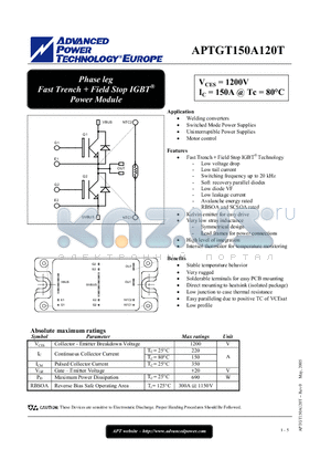 APTGT150A120T datasheet - Phase leg Fast Trench  Field Stop IGBT Power Module