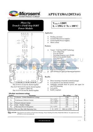APTGT150A120T3AG datasheet - Phase leg Trench  Field Stop IGBT Power Module