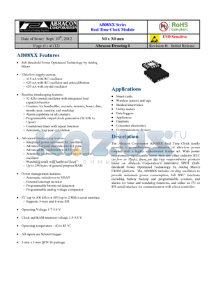 AB08XX datasheet - The Abracon Corporation AB08XX Real Time Clock family provides a groundbreaking combination of ultra-low power coupled with a highly sophisticated feature set.