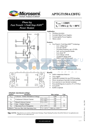 APTGT150A120TG datasheet - Phase leg Fast Trench  Field Stop IGBT Power Module