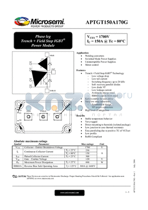 APTGT150A170G datasheet - Phase leg Trench  Field Stop IGBT Power Module