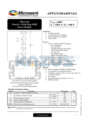 APTGT150A60T3AG datasheet - Phase leg Trench  Field Stop IGBT Power Module