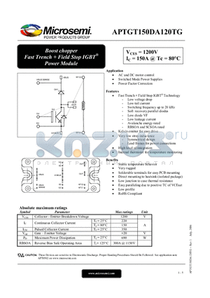 APTGT150DA120TG datasheet - Boost chopper Fast Trench  Field Stop IGBT^ Power Module