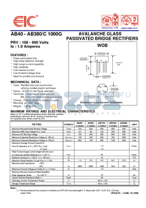 AB125-C1000G datasheet - AVALANCHE GLASS PASSIVATED BRIDGE RECTIFIERS