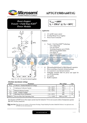 APTGT150DA60T1G datasheet - Boost chopper Trench  Field Stop IGBT^ Power Module