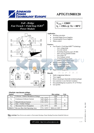 APTGT150H120 datasheet - Full - Bridge Fast Trench  Field Stop IGBT Power Module