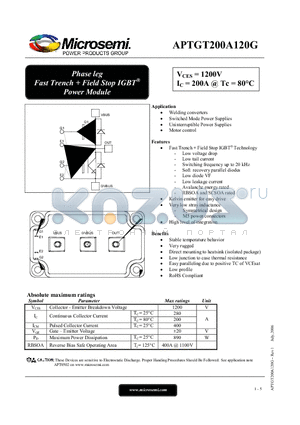 APTGT200A120G datasheet - Phase leg Fast Trench  Field Stop IGBT Power Module