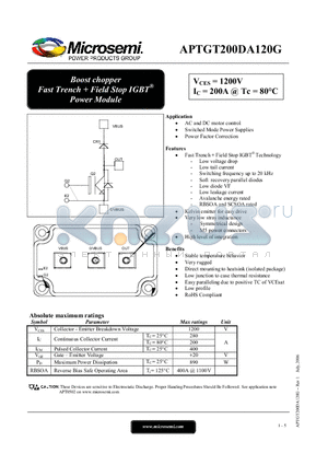 APTGT200DA120G datasheet - Boost chopper Fast Trench  Field Stop IGBT Power Module