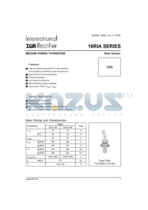 16RIA datasheet - MEDIUM POWER THYRISTORS