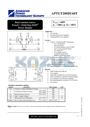 APTGT200DU60T datasheet - Dual common source Trench  Field Stop IGBT Power Module