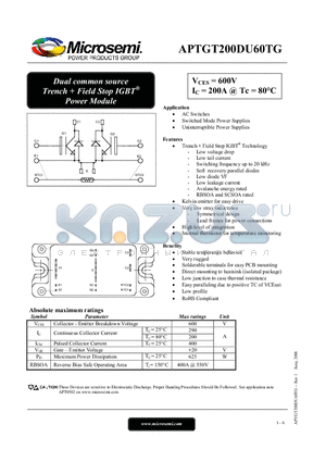 APTGT200DU60TG datasheet - Dual common source Trench  Field Stop IGBT Power Module