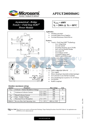 APTGT200DH60G datasheet - Asymmetrical - Bridge Trench  Field Stop IGBT Power Module