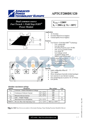 APTGT200DU120 datasheet - Dual common source Fast Trench  Field Stop IGBT Power Module