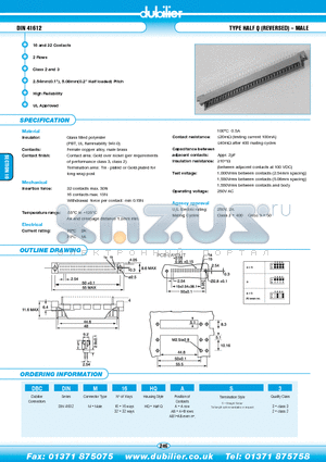 DBCDINM32HQAB1S3 datasheet - DIN 41612 TYPE HALF Q (REVERSED) - MALE