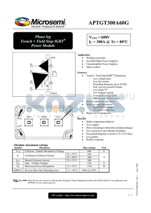 APTGT300A60G datasheet - Phase leg Trench  Field Stop IGBT Power Module