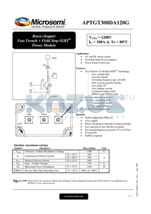 APTGT300DA120G datasheet - Boost chopper Fast Trench  Field Stop IGBT Power Module