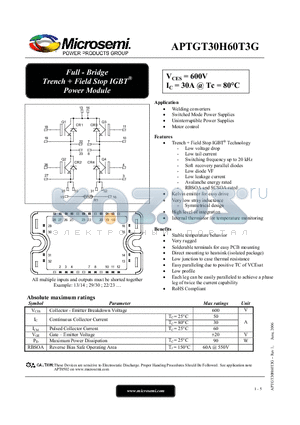 APTGT30H60T3G datasheet - Full - Bridge Trench  Field Stop IGBT Power Module