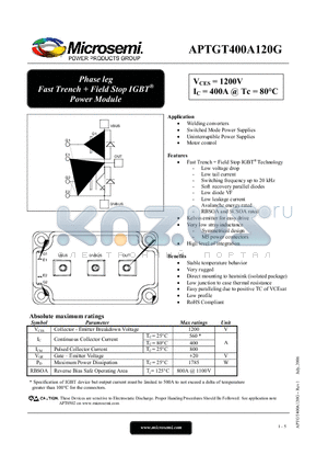 APTGT400A120G datasheet - Phase leg Fast Trench  Field Stop IGBT Power Module