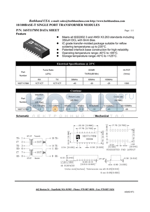 16ST1178M datasheet - 10/100BASE-T SINGLE PORT TRANSFORMER MODULES