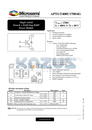 APTGT400U170D4G datasheet - Single switch Trench  Field Stop IGBT Power Module