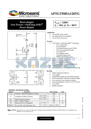 APTGT50DA120TG datasheet - Boost chopper Fast Trench  Field Stop IGBT^ Power Module