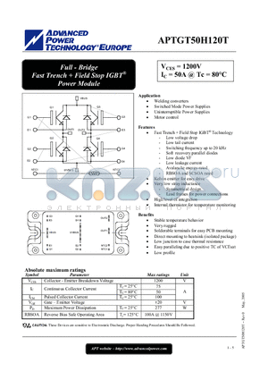 APTGT50H120T datasheet - Full - Bridge Fast Trench  Field Stop IGBT Power Module