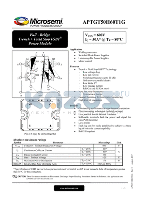 APTGT50H60T1G datasheet - Full - Bridge Trench  Field Stop IGBT^ Power Module