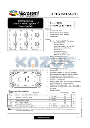 APTGT50TA60PG datasheet - Triple phase leg Trench  Field Stop IGBT Power Module