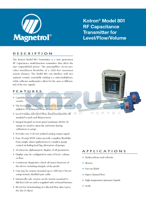 801-4234-A0 datasheet - Kotron^ Model 801 RF Capacitance Transmitter for Level/Flow/Volume