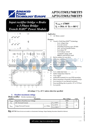 APTGT50X170BTP3 datasheet - Input rectifier bridge  Brake  3 Phase Bridge Trench IGBT Power Module