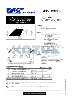 APTGT600DU60 datasheet - Dual common source Trench  Field Stop IGBT Power Module