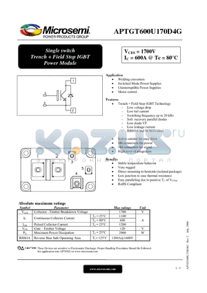 APTGT600U170D4G datasheet - Single switch Trench  Field Stop IGBT Power Module