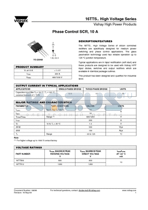 16TTS08 datasheet - Phase Control SCR, 10 A
