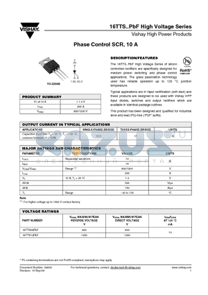 16TTS08PBF datasheet - Phase Control SCR, 10 A