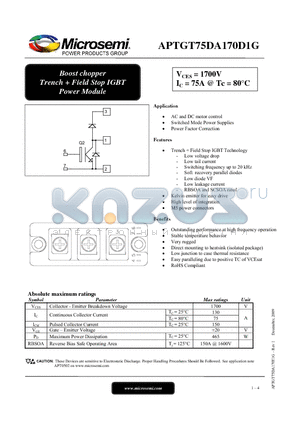 APTGT75DA170D1G datasheet - Boost chopper Trench  Field Stop IGBT Power Module