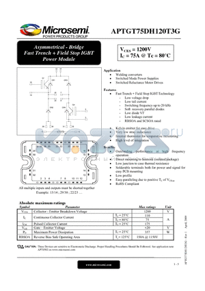 APTGT75DH120T3G datasheet - Asymmetrical - Bridge Fast Trench  Field Stop IGBT Power Module