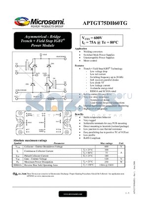 APTGT75DH60TG datasheet - Asymmetrical - Bridge Trench  Field Stop IGBT Power Module