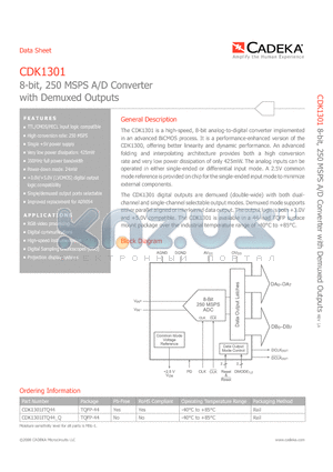 CDK1301 datasheet - 8-bit, 250 MSPS A/D Converter with Demuxed Outputs REV 1A