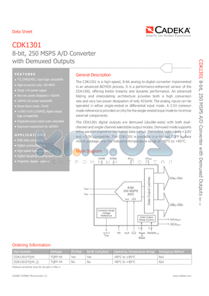 CDK1301ITQ44 datasheet - 8-bit, 250 MSPS A/D Converter with Demuxed Outputs REV 1A