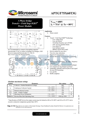 APTGT75X60T3G datasheet - 3 Phase bridge Trench  Field Stop IGBT^ Power Module