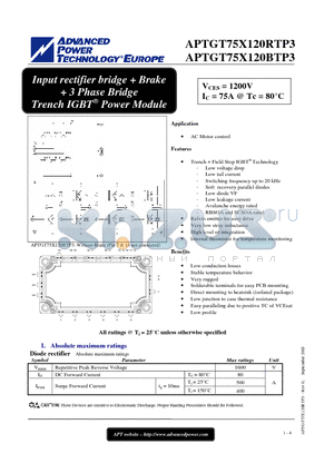 APTGT75X120BTP3 datasheet - Input rectifier bridge  Brake  3 Phase Bridge Trench IGBT Power Module