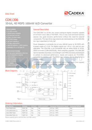 CDK1306 datasheet - 10-bit, 40 MSPS 160mW A/D Converter