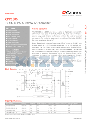 CDK1306CSO28 datasheet - 10-bit, 40 MSPS 160mW A/D Converter