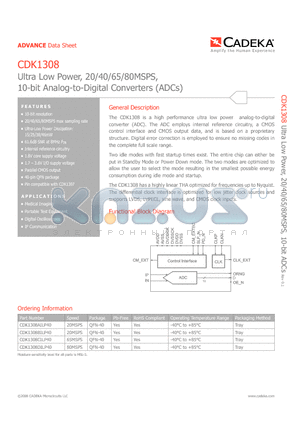 CDK1308BILP40 datasheet - Ultra Low Power, 20/40/65/80MSPS, 10-bit Analog-to-Digital Converters (ADCs)