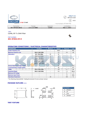801-RF836.5M-D datasheet - CDMA, RF-Tx SAW Filter