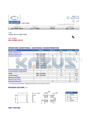 801-RF881.5M-D datasheet - CDMA, RF-Rx SAW Filter