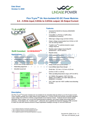 APTH003A0X4-SRZ datasheet - Pico TLynxTM 3A: Non-Isolated DC-DC Power Modules