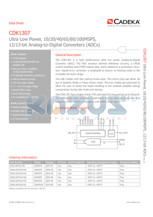 CDK1307BILP40 datasheet - Ultra Low Power, 10/20/40/65/80/100MSPS, 12/13-bit Analog-to-Digital Converters (ADCs)