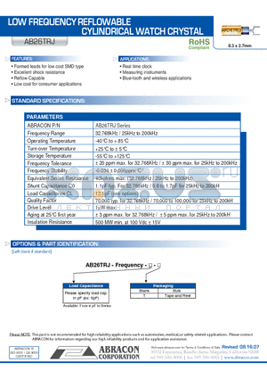 AB26TRJ datasheet - LOW FREQUENCYREFLOWABLE CYLINDRICAL WATCH CRYSTAL